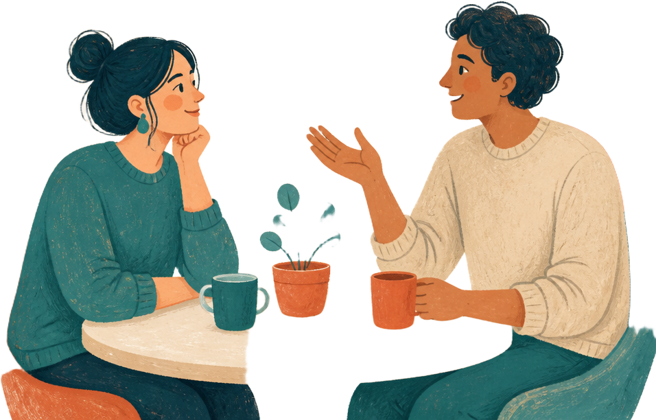 Illustration of two people talking over coffee about launching an app
